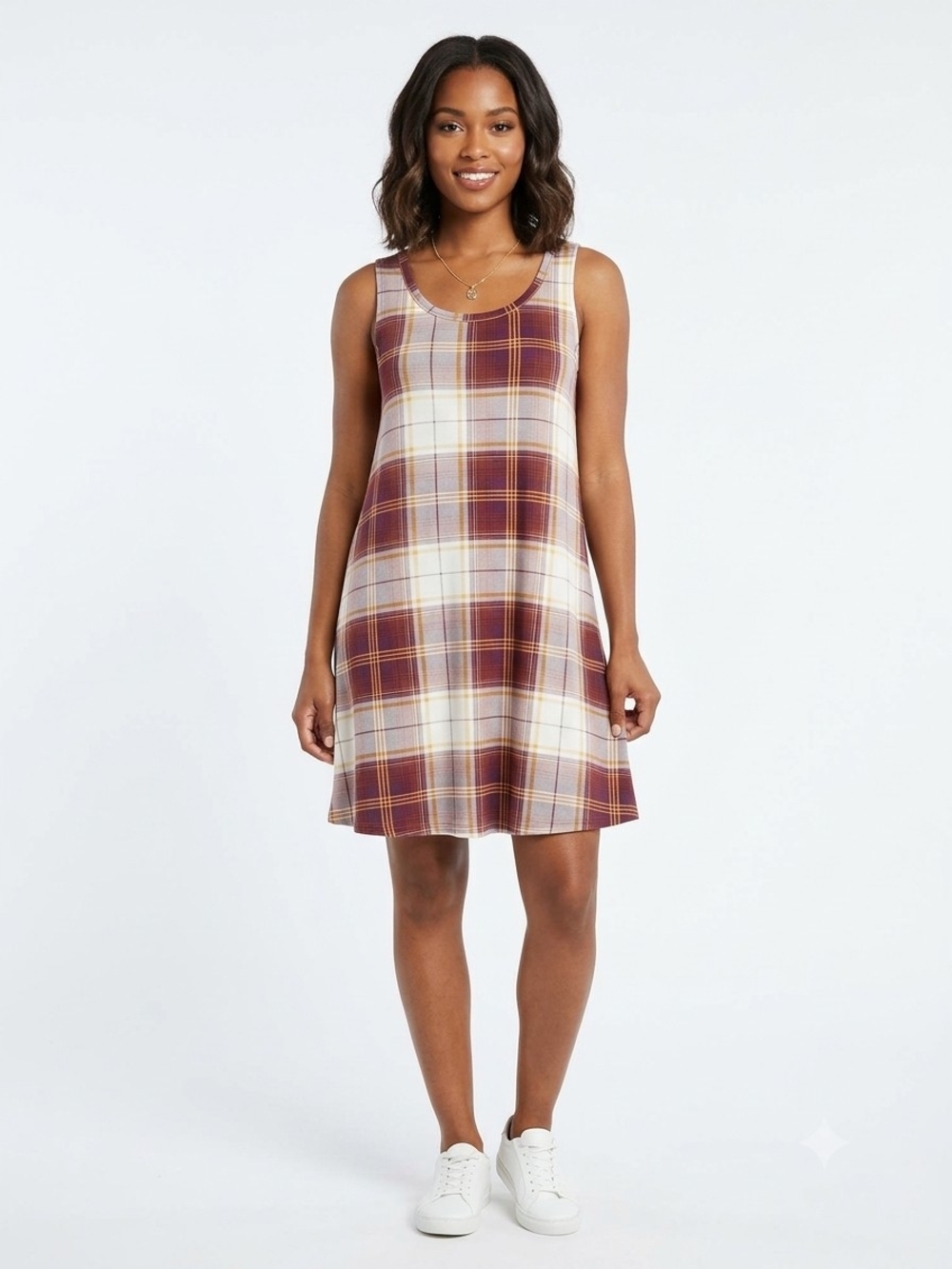 J for Justify Burgundy, Cream & Mustard Plaid Sleeveless Mini Dress